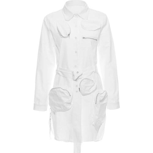 SeeBeautiful New Fashion Spring 2021 Lapel Long Sleeve Single Breasted Belt Pockets Zipper Loose Dress Women N567