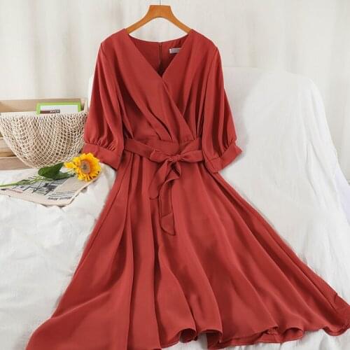 Aibeautyer New Summer A Line V Neck Solid Slim Lady Dress Casual Chiffon Pullover High Waist Mid-calf Women Dresses