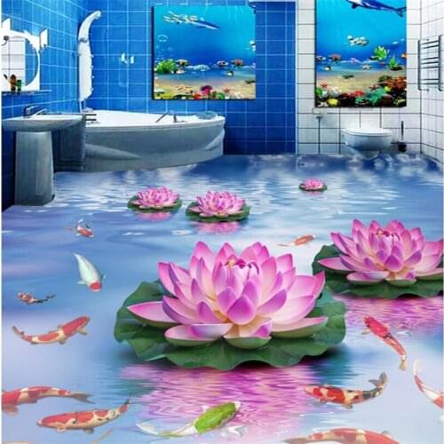 Custom floor painting 3d обои beautiful lotus flowing water carp toilet bathroom living room bedroom restaurant floor painting