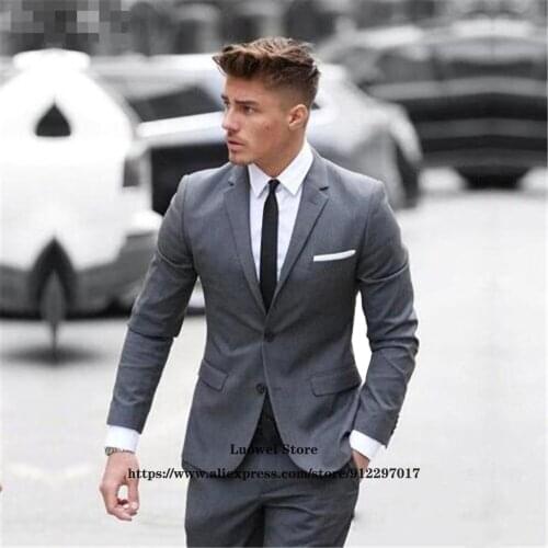 Classic Gray Mens Suits Vintage Formal Business 2 Piece Sets Casual Wedding Groom Slim Blazer Terno Masculino (Jacket + Pants)