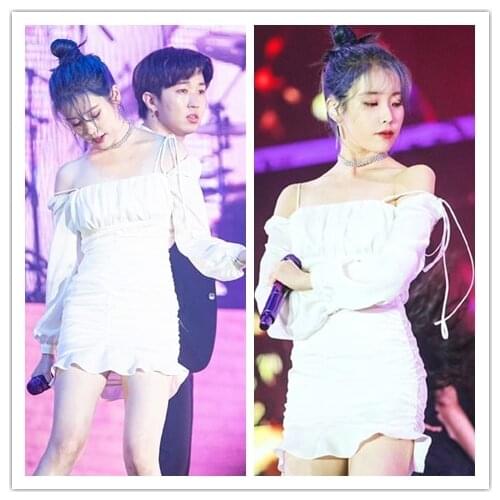 Kpop IU Lee Ji Eun summer new white temperament off-shouder long-sleeve dress women korean fashion sling High waist mini dresses