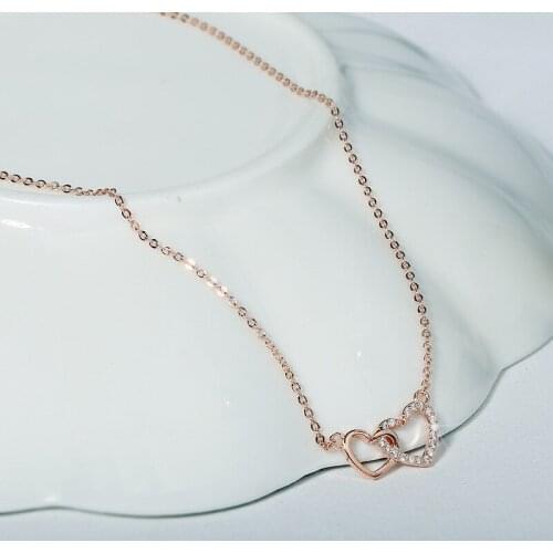 Trendy 925 sterling silver Chain Necklaces Crystal Double Heart Pendants Necklaces Bridal Jewelry Collar Colar de Plata