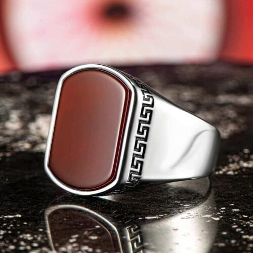 925 Sterling Silver Ring for Men Red Akik Agate Stone Jewelry Fashion Vintage Gift Onyx Aqeq Mens Rings All Size