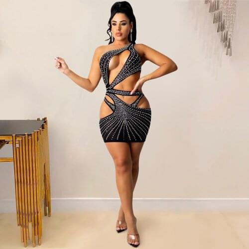 2021 New Arrival Fashion Design Dress Solid Diamond O-neck Sleeveless Sexy Celebrity Party Mini Dress Vestidos