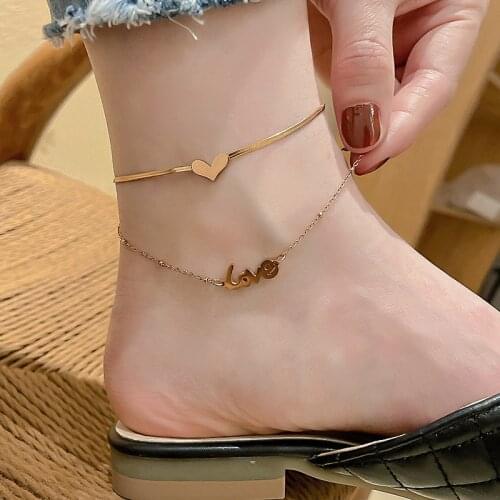 New Stainless Steel Gold Heart LOVE Snake Chain Anklets For Women Beach Foot Jewelry Leg Chain Ankle Bracelets Women Accessories