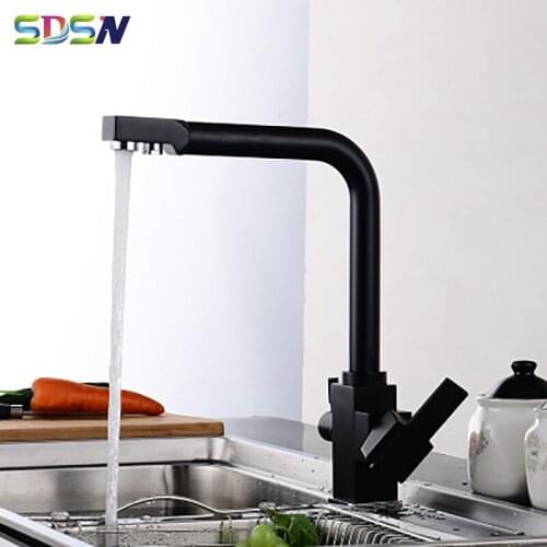 SDSN Hot &cold Kitchen Sink Faucet Black Square Kitchen Faucet Three-way Filter Water Faucet for Kitchen Sink Brass Kitchen Tap