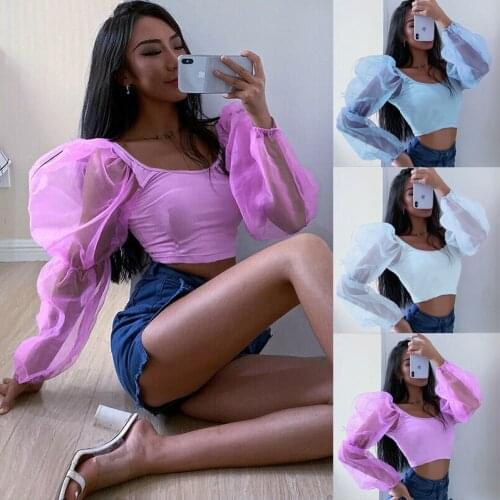 Sexy Mesh See Through Perspective Lantern Long Sleeve Crop Tops 2019 Autumn Women Backless Patchwork Slim U-Neck T-Shirt Tees