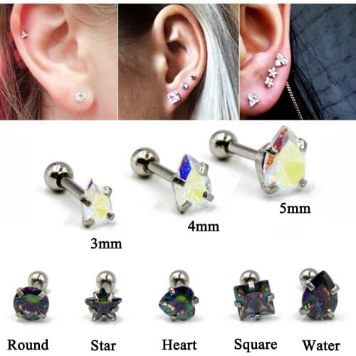 Lot 3 PC Surgical Steel Ear Tragus Cartilage Earring Various Shapes Zircon Ear Stud Ring Body Piercing Jewelry 16G