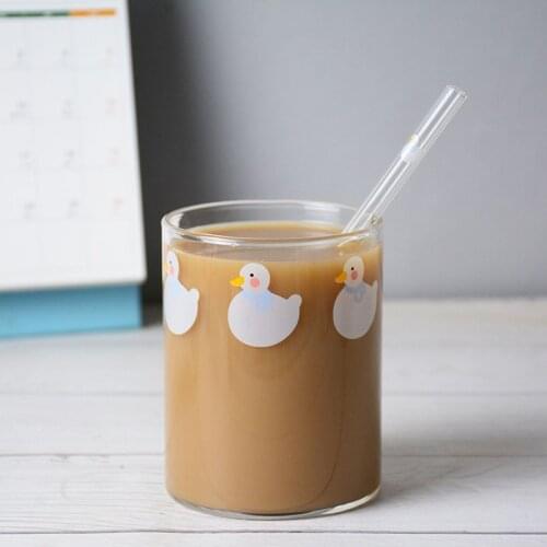 300ml Duck Glass Cup Nordic Style Breakfast Milk Juice Glass Heat Resistant Transparent Water Cup Straw For Home OffIce