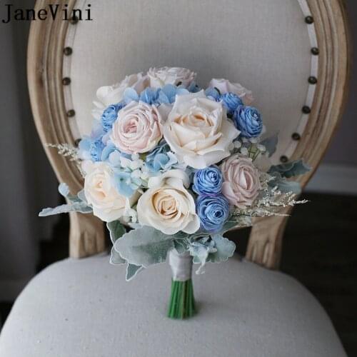 JaneVini Déco Mariage Blue Hydrangea Wedding Bouquet Photo Charm Flores Artificiales Beige Cream Rose Artificial Bridal Bouquets