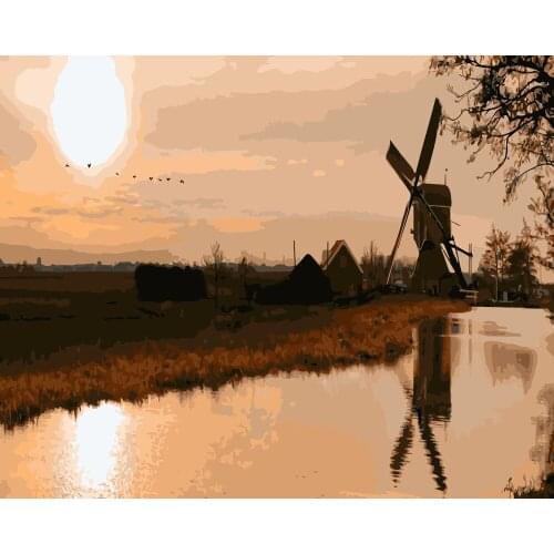 TQX-008 Dutch Windmills in sunset DIY Painting By Numbers Acrylic Paint On Linen Digital Painting Wall Art Picture