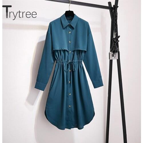 Trytree 2020 Autumn Women Casual Women Dress Solid Turn-down Collar Single Breasted Drawstring Mid-Calf Office Lady Shirt Dress