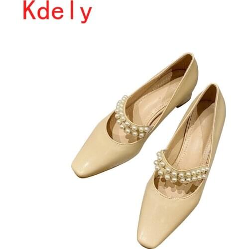 Double String Bead Band Pumps Woman Slip on Square Toe Tacones Design Pearl Mary Janes Shoes Thick Med-high Heels Shoes Women