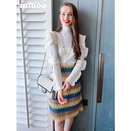 Feminine high collar pleated Ruffle off the shoulder slim pit stripe T-shirt womens wear 2021 High Quality Top Quality