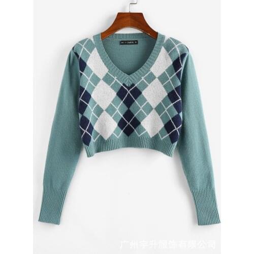 2021 Fashion Argyle sweater Women Knitted Crop Top Sweater Women V-Neck Long Sleeve Pullovers Casual Short Outwear Sweater Top