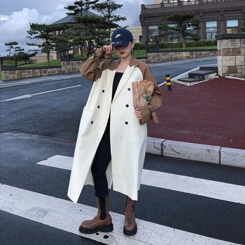 Autumn 2021 Women Long Khaki Patchwork Beige Color Windbreaker Coat Vintage Double Breasted Turndown Collar Elegant Trench Coat