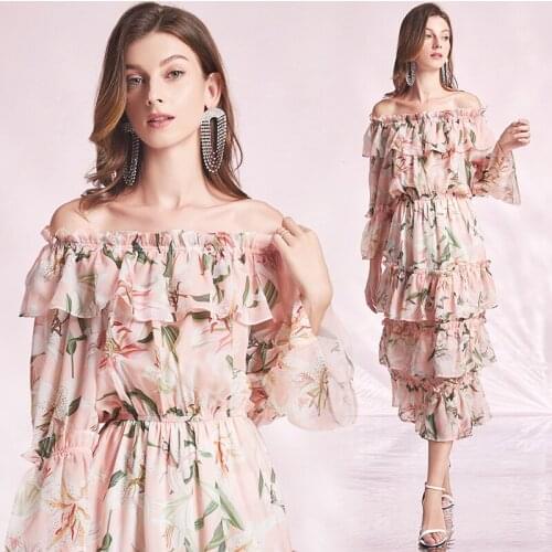 Womens Spring and Autumn New Sexy off-the-Shoulder Layers Ruffle Tulip Print Bell-Sleeve Slim-Fit Chiffon Cake Dress