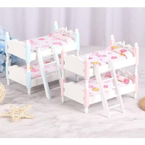 1:12 Pretend Furniture Toys Miniature Living Room Double-deck Bed Doll Accessory Mini Dollhouse Furniture Bed Set Kids Toys