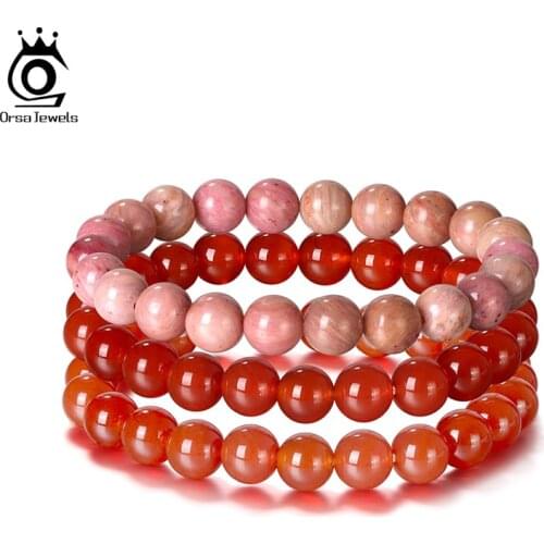 ORSA JEWELS 3Pc/Sets Natural Stone Bracelet For Women Men Energy Bracelet Red Agate Rhodonite Stone Beads 8mm Lucky Jewlry GMB43