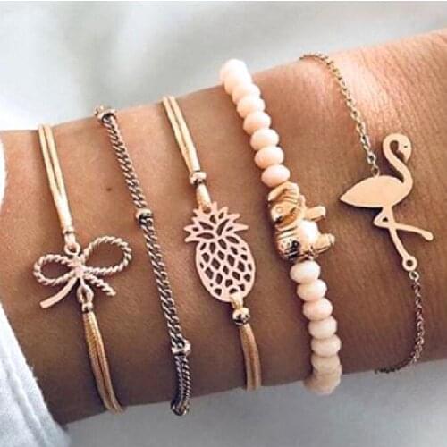 5 Piece Bohemia Boho Women Lady Female Gold Color Flamingo Bow Charm Bracelet, Elephant Charm Bracelet, Pineapple Charm Bracelet