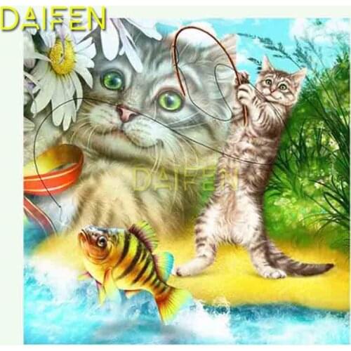5D DIY Diamond painting Cross stitch fishing cat Full Round Diamond mosaic flower Full Square Diamond embroidery river Grass
