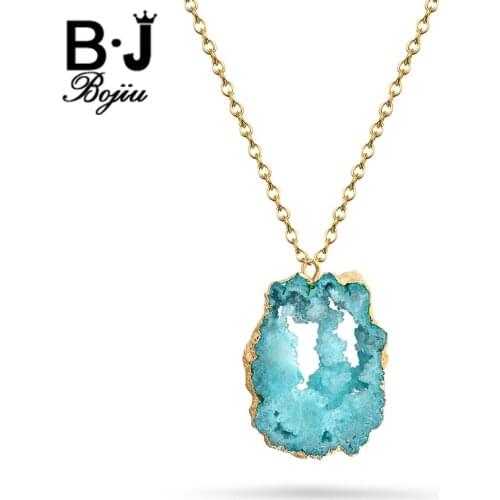 BOJIU Exquisite Natural Druzy Stone Pendant Gold-Color Cable Chain Woman Long Pendant Necklace Quartz Elegant s NKS043