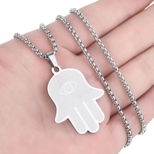 Cxwind Punk Hamsa Hand Charm Necklace Stainless Steel Evil Eye Pendant & Chain Hip Hop Turkish Women Men Luck Choker Jewelry