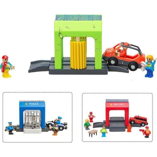 Simulation Plastic Toy Police Station Car Wash Room Fire Dept Urban Scene Safe Compatible With Wooden Track Childrens Toy Set