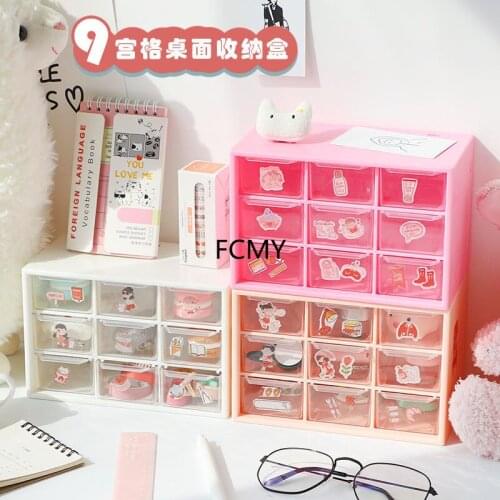 Kawaii Transparent 9 Grid Drawer Desktop Storage Box Desk Organizer Holder Free Sticker School Office Stationery Pen Organizer