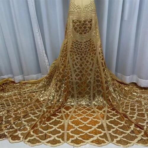 Gold Party Dress Sew African Lace Fabric With Sequins High Quality French Lace Fabric Sequined Mesh Laces For Wedding White