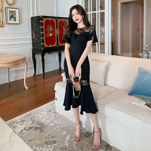 2021 Summer Wear Ruffled Long Slim Dress Female Elegant Lace Stitching Fishtail Skirt