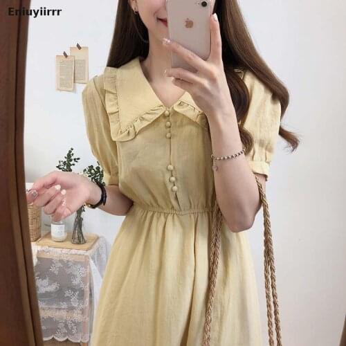 Cute Sweet Japanese Style Girls Women Casual Solid Yellow A Line Retro Vintage Chic Korea Peter Pan Collar Long Dress