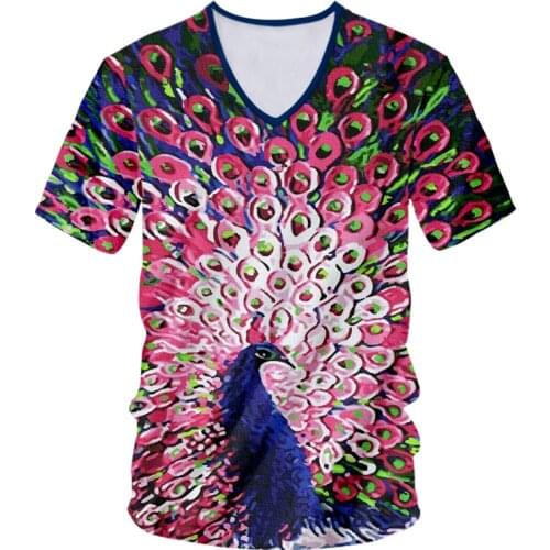 UJWI Animal 3D Digital Printing V-neck T-shirt Peacock Open Screen Dark Blue Mens Oversized Tshirt Casual Fun Tee Dropship 5XL