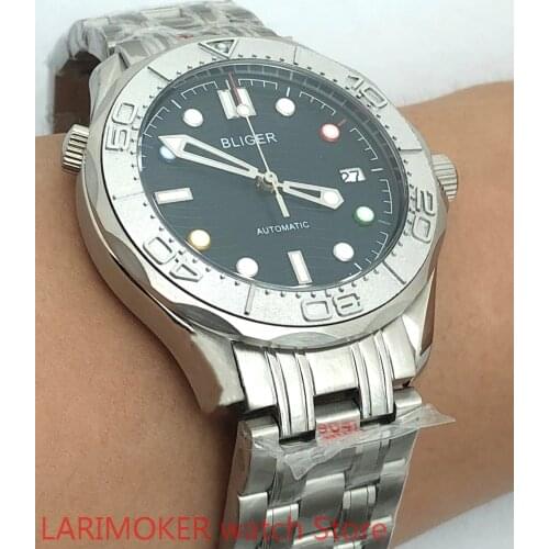 BLIGER 904L Stainless Steel Strap Bracelet Sapphire Glass Bezel Silver Gray Dial Blue Self-winding Fashion Mens Watch