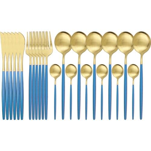 Blue Gold Cutlery Tableware Set 24Pcs Matte Stainless Steel Dinnerware Set Knife Fork Spoon Western Silverware Set Kitchen