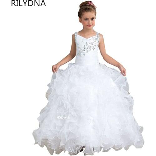 New Ball Flower Girls Dress For Weddings Lace Appliques Tulle Sleeveless Pageant Gowns Party First Communion Vestidos