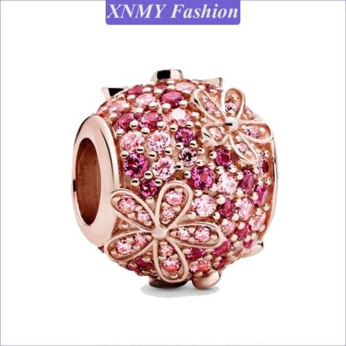 XNMY New Trendy Rose Gold Color Beads Pink Pavé Daisy Flower Charm Fit Original Pandora Bracelets Women DIY Jewelry