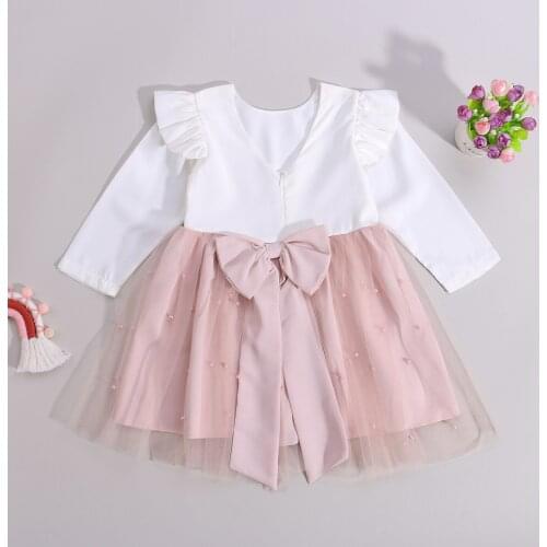 0-8Y Autumn Princess Kids Baby Girls Dress Ruffles Long Sleeve Solid Pearl Lace Back Bowknot Tutu Tulle Dress for Birthday Party