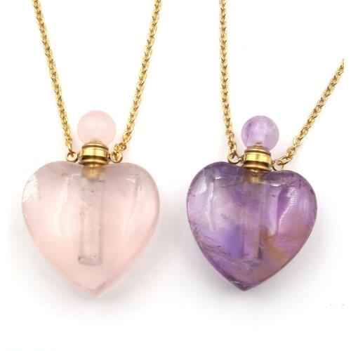 XSM Heart Shape Perfume Bottle Pendant Necklaces Natural Crystal Stone Rose Quartzs Essential Oil Scent-bottle Diffuser Jewelry