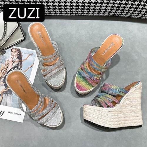ZUZI 2021 Summer Womens Sandals Fashion Model Catwalk 15CM High Slippers Cross-belt Platform Shoes Straw Woven Hemp Rope Bottom