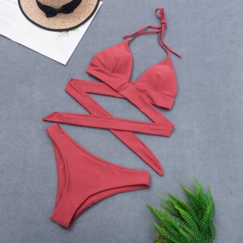 Sexy Push Up Bikini Set Swimsuit Female Bandage Pure Color Swimwear Women Biquini Swimming Bathing Suit Bather 2XL