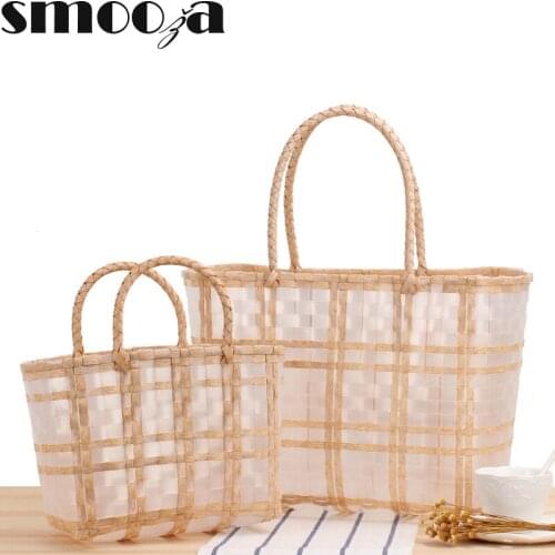 SMOOZA Handmade Transparent Women Handbag Plastic Woven Summer Beach Bag Tote Bags Bohemia Large Small Ladies Shopping Basket