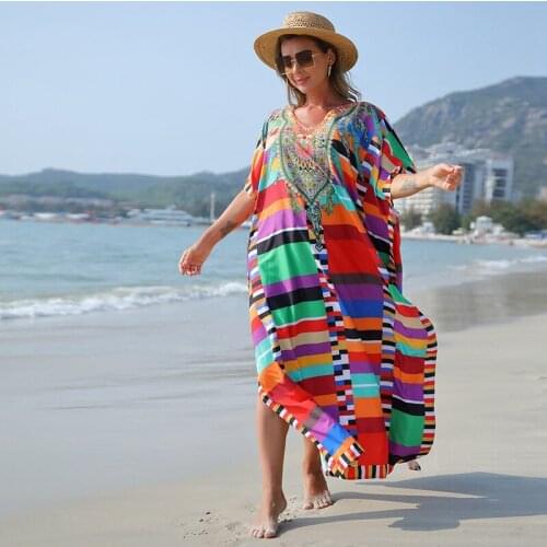 Mosaic Dream Loose Maxi Dress Magic Bright-Color Stripes Long Kaftan Island Holiday Resortwear Stunning Party Dress CoverUp Gown