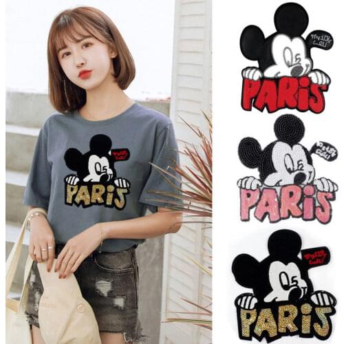 DIY Sequin Mickey Minnie Mouse Embroidery Iron on Patches for Clothing Hole Stickers Paste Children Clothing Patches Sticker