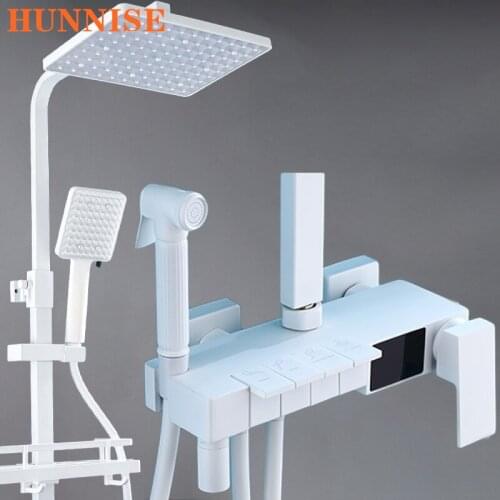 Hot Cold White Piano Digital Shower Set with LED Screen Temperature Display White Thermostatic Bathroom Shower Faucet System