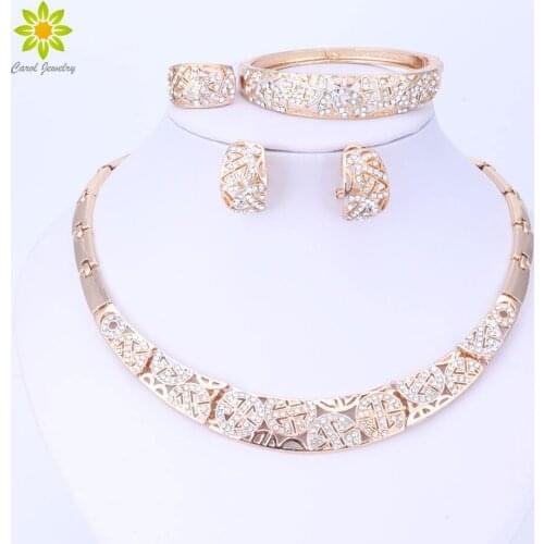 Fine Jewelry Sets Wedding Gold Crystal Necklace Set Party Women African Beads Fashion Bridal Ring Bracelet Earrings Accessories