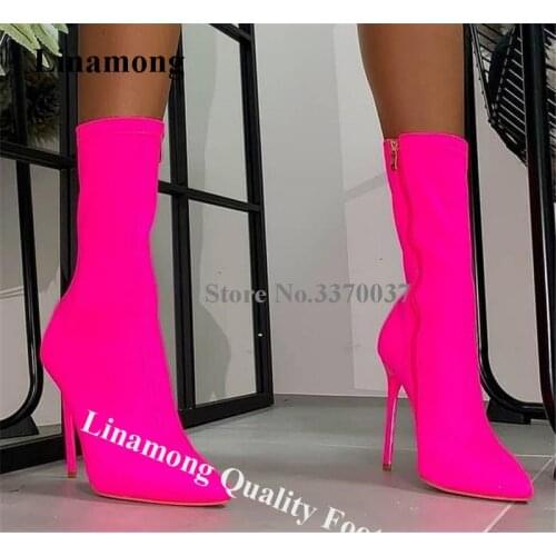 Linamong Shining Rose Red Pointed Toe Stiletto Heel Short Boots Zipper-up Suede Slim High Heel Ankle Booties Big Size Heels