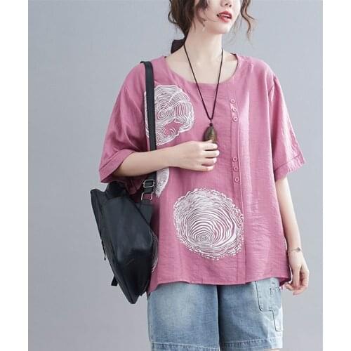 Oversized Women Cotton Linen Casual T-shirts New Arrival 2021 Summer Simple Style Vintage Print Loose Female Tops Tees S3582