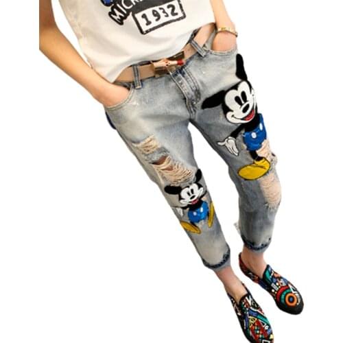 Disney woman Mickey Mouse fashion casual retro cartoon skinny high-quality ripped cropped blue slim skinny sexy jeans