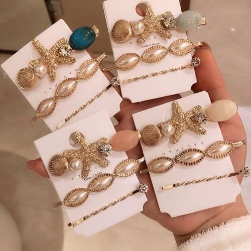New Trendy Vintage Gold Color Starfish Shell Hair Clips Sets For Women Fashion Jewelry Oval Resin Imitation Pearl Hairpins
